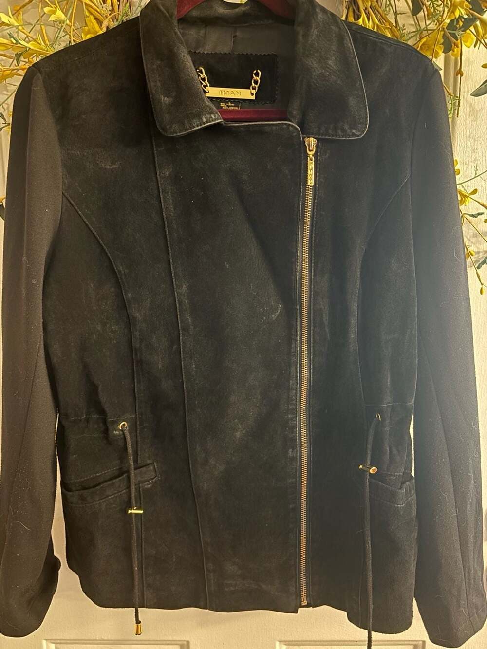 IMAN Global Chic Women's Black Suede Leather Asymmetrical Moto Jacket - Picture 1 of 5